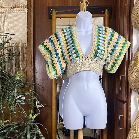 Handmade Tops - Handmade Crochet Granny Square Shrug Bolero XXS Tie Back Boho Festival Crop Top